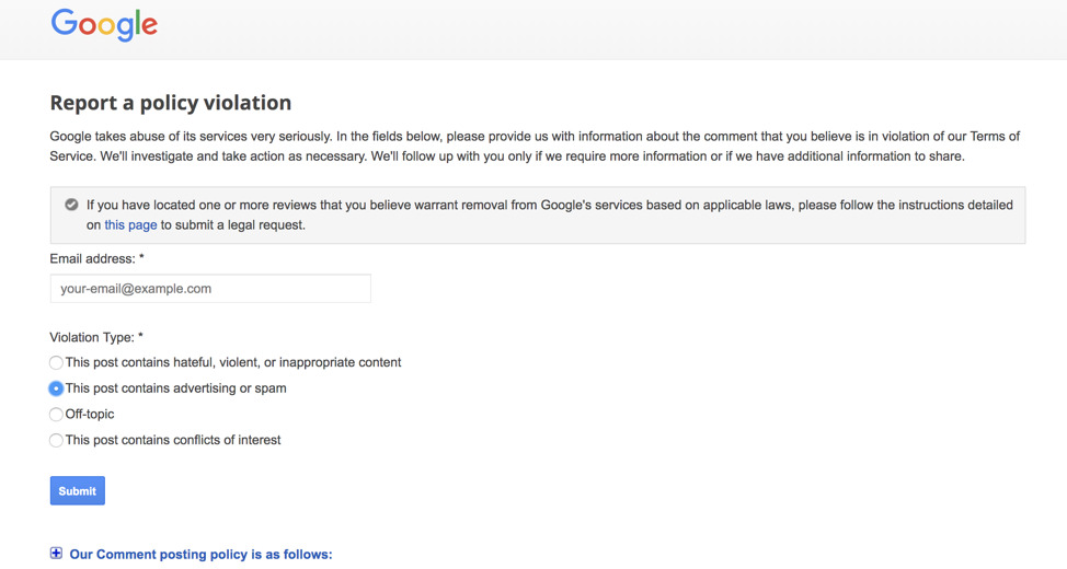 Google policy for fake reviews