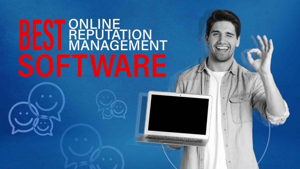 A man holding a laptop with emojis on gradient background, being happy with the best online reputation management software that he found online