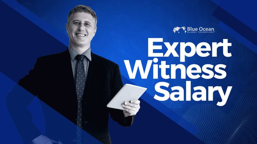 High contrast Black and white image of a man wearing formals holding his expert witness salary with a blue background