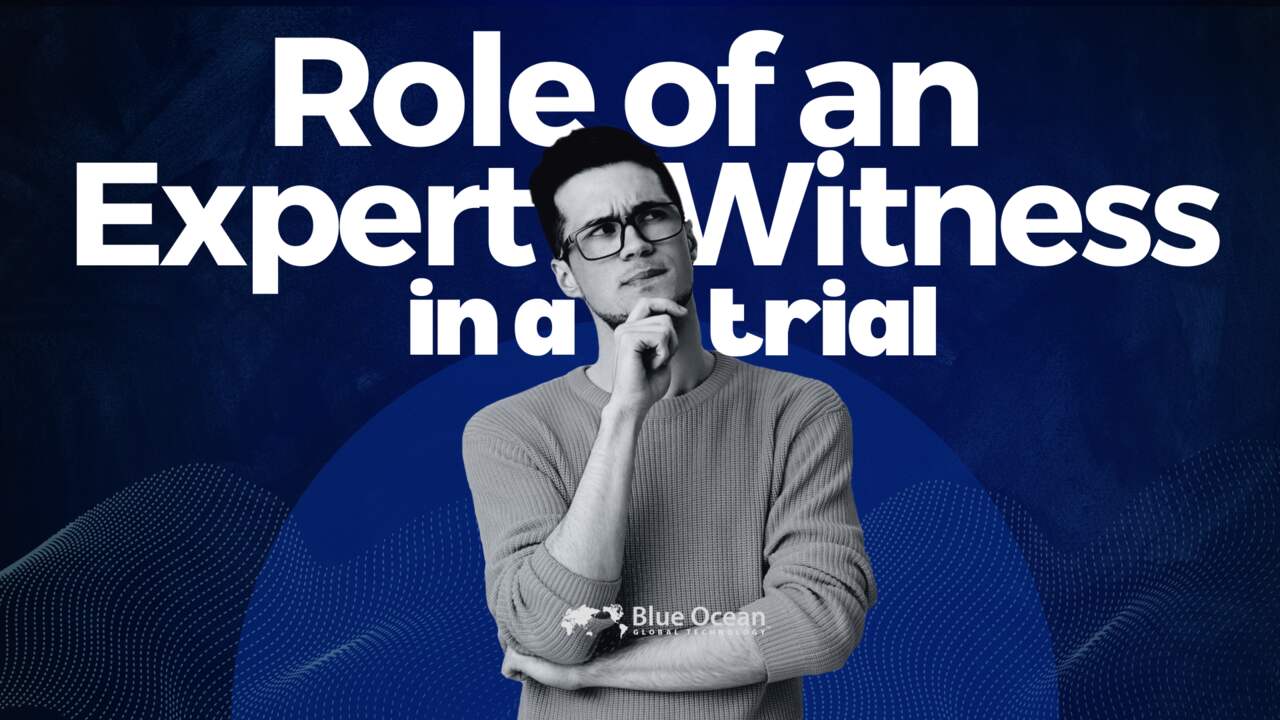 Blue background with a black and white high contrast image of a man thinking about the role of expert witness in a trial