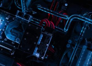 Close-up-of-a-custom-built-computer-with-liquid-cooling-tubes-and-led-lighting.