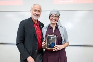 Stephanie Moore receiving a Service Award at the Kelley School of Business.